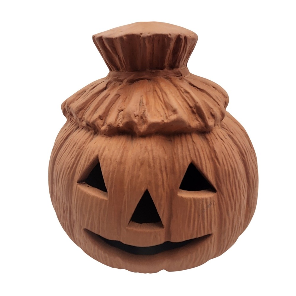 Terracotta Pottery Jack O Lantern Scarecrow Pumpkin Candle Holder Luminary 8"